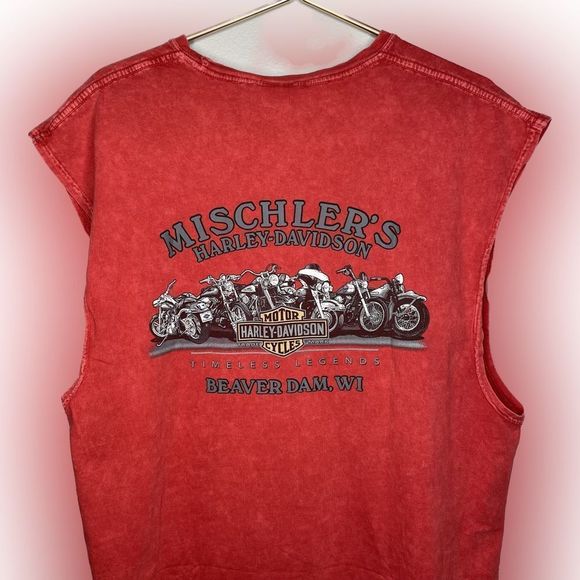 Harley Davidson x Wisconsin Distressed Cut Off Moto T-Shirt Red Midwest Rider - Picture 2 of 4